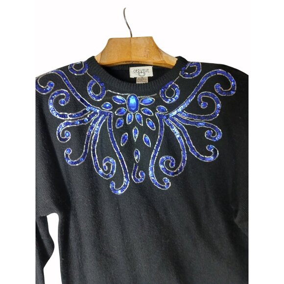 Vintage Cervelle Black Sweater Blue Sequins Beaded Size S Oversized Bedazzled - Picture 2 of 10